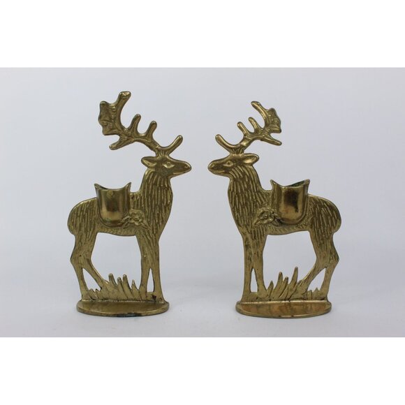 Vintage Brass Deer Candlestick Holders | Pair of Reindeer Candle Holders | 7' Ta - Picture 2 of 6